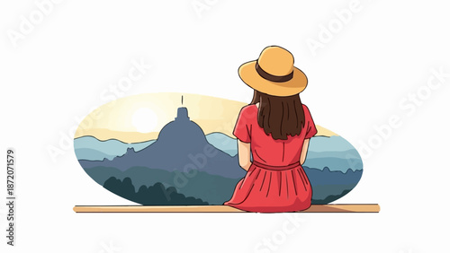 A person in a red dress and hat gazes at a sunrise over mountains