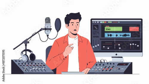 A person in a studio with recording equipment and a computer editing program
