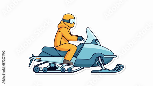 A person in an orange suit rides a blue snowmobile on a white background