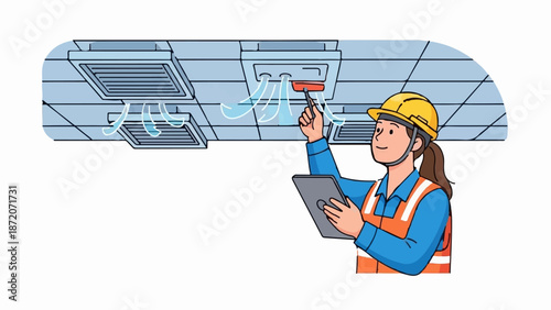 A person in work attire inspects ceiling vents for airflow with a tool and tablet