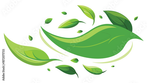 Vibrant green leaves caught mid-air on a plain white background, evoking a feeling of nature and vitality..eps