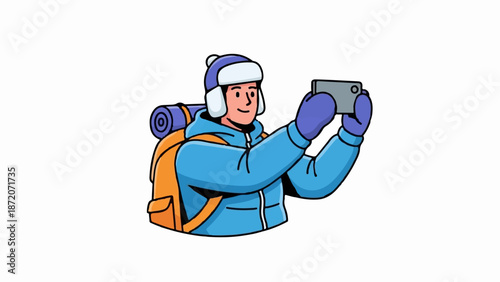 A person in winter gear with a backpack takes a photo with a phone