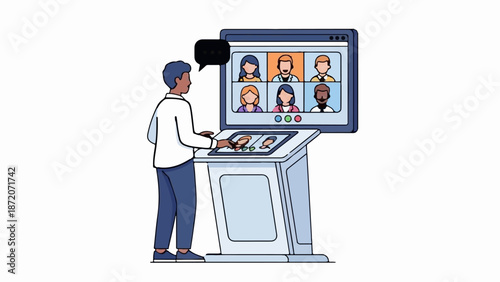 A person interacts with a touchscreen display showing a video conference call