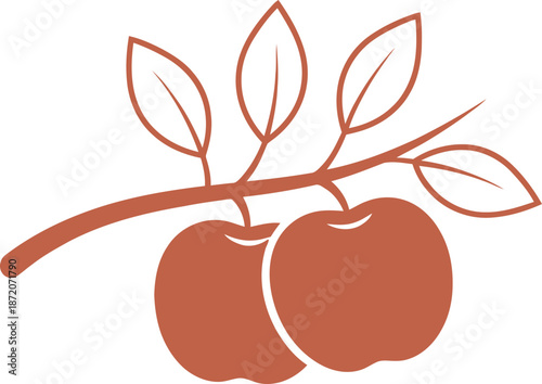 Two red apples hanging on a branch with leaves. Simple flat vector illustration for harvest, fruit, food, garden concept