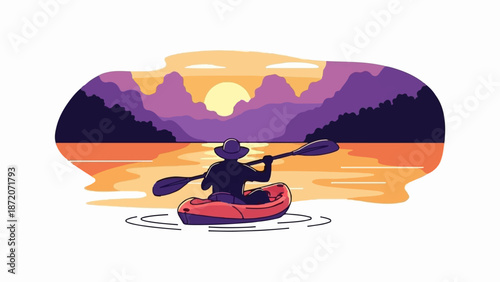 A person kayaking on a lake at sunset, with mountains and trees visible in the colorful background