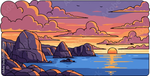 A pixelated sunset paints the sky with vibrant orange, pink, and purple clouds over calm blue water