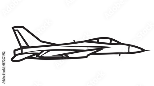 A sleek fighter jet in flight, illustrated in simple black and white lines, showcasing its aerodynamic design and sharp angles.