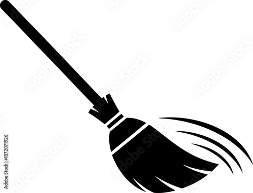 Black silhouette of a flying witch broomstick with movement lines. Fantasy halloween symbol. Vector icon for wizard decoration and magical concept