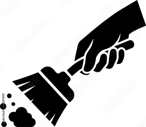 Hand holding a broom sweeping dirt, a cleaning and housekeeping concept. Vector icon for website, app, or infographic design