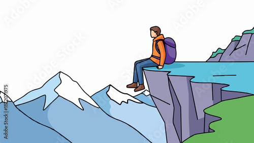 A person sits on a cliff overlooking mountains and a body of water