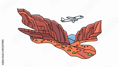 A plane flies over a stylized canyon with red rock formations and sparse greenery