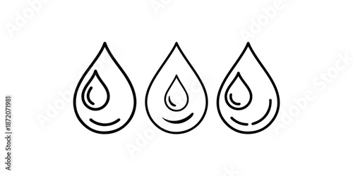 Three water drop black line icon set isolated on white background symbol for graphic design