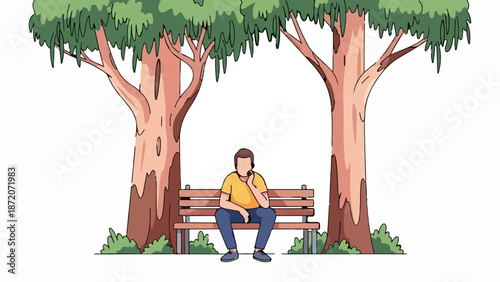 A person sits on a bench under large trees, appearing lost in thought or contemplation