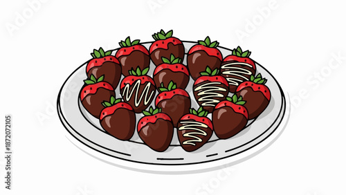 A plate piled high with fresh strawberries dipped in rich, dark chocolate