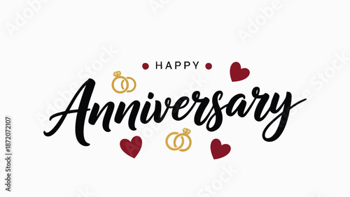 Elegant handwritten 'Happy Anniversary' with golden rings and delicate red hearts, ideal for celebrating enduring love, cherished milestones, and romantic partnerships
