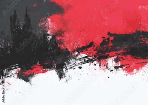 Dynamic abstract composition with blurred red and black paint strokes