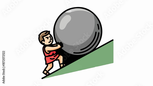 A person strains to push a large gray ball up a green incline
