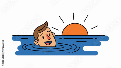 A person swims in the water with the sun rising behind them