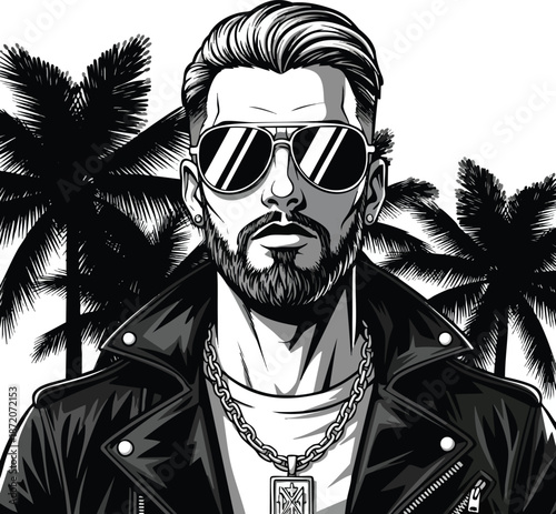 Stylishly dressed man with a beard and sunglasses poses confidently against a dark tropical backdrop illustration