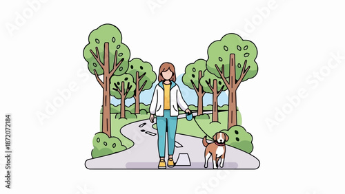 A person walks a dog on a paved path in a park with trees