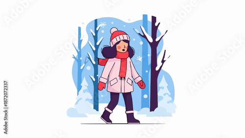 A person walks through a snowy forest in a winter wonderland