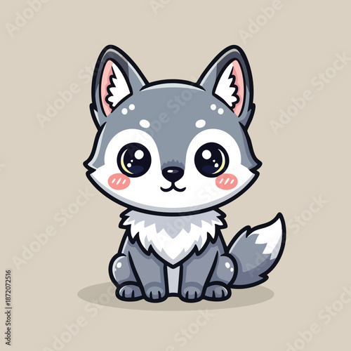 Adorable cute cartoon baby wolf cub with big shiny eyes sitting patiently against a neutral background