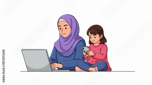 A person wearing a hijab works on a laptop while a child looks at a phone