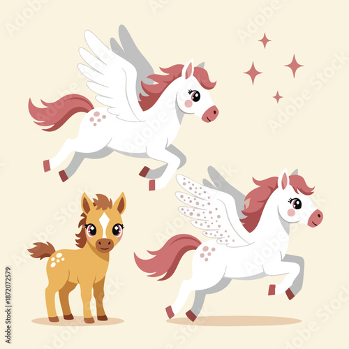 Adorable collection of charming cartoon winged pegasus horses and a small foal illustration