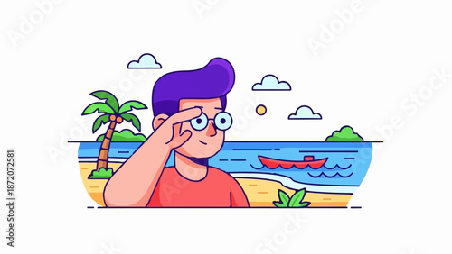 A person wearing glasses on a beach, looking out at the ocean with a boat