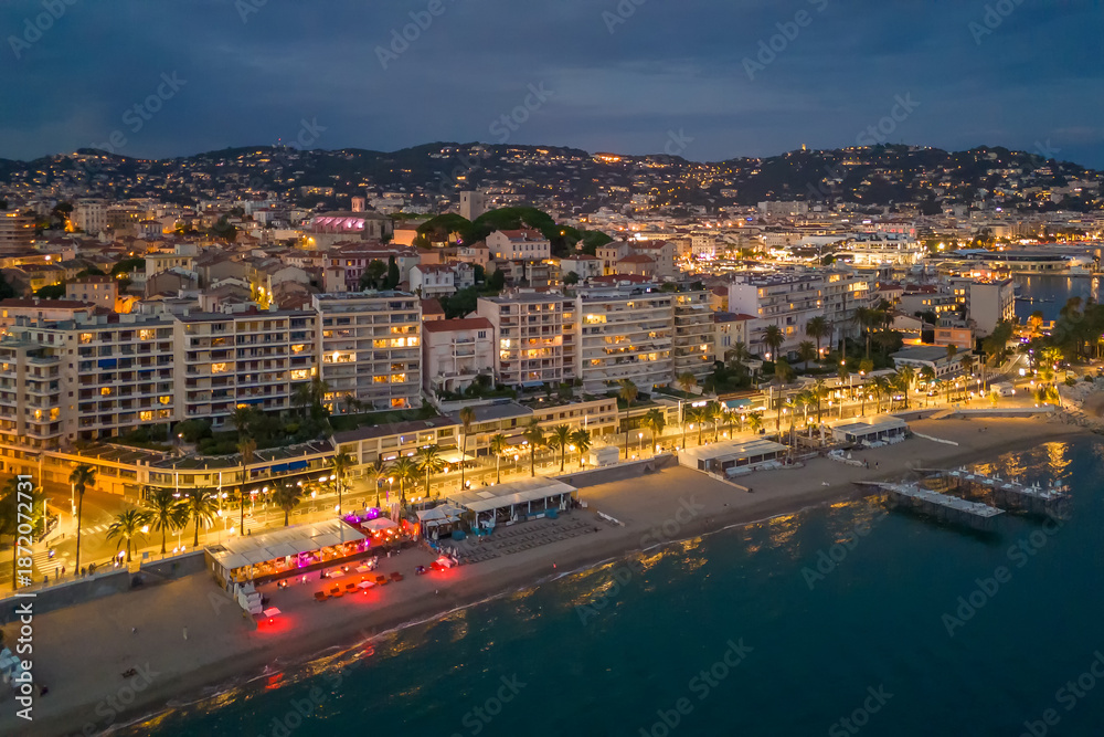 Fototapeta premium Aerial view of the Cannes at night, Cote d'Azur, southern France