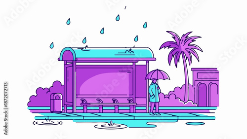 A person with an umbrella waits at a bus stop during a rain shower