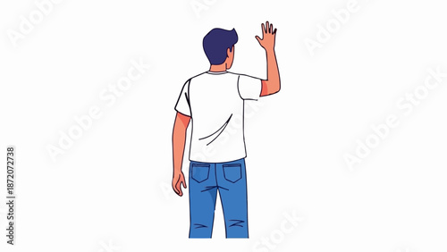 A person with dark hair stands from the back, wearing a white t-shirt and blue jeans, waving hello with their right hand