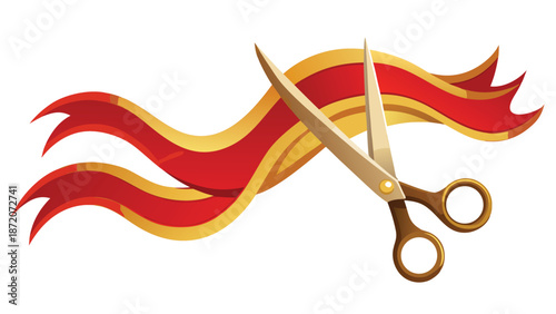 scissors and a red ribbon arranged on a white background, symbolizing preparation for a ceremonial event..eps