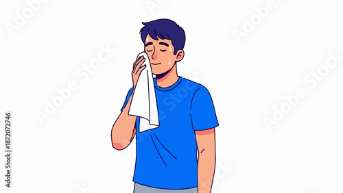 A person with dark hair wipes sweat from their forehead with a white cloth