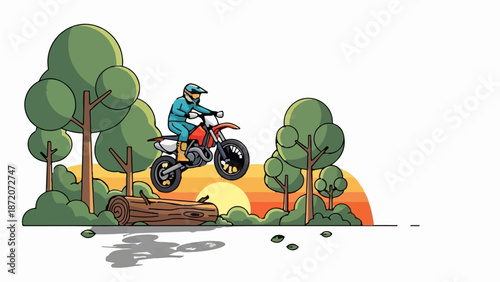 A rider on a dirt bike soars over a log in a forest with a setting sun