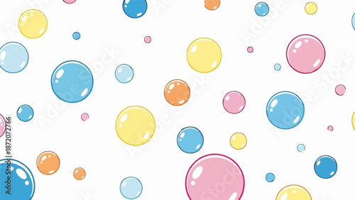 A playful pattern of colorful, glossy spheres scattered across a white background