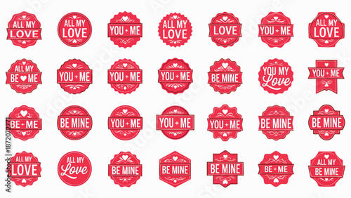 Collection of red heart-shaped seals and ribbons with romantic phrases like 'All My Love' and 'Be Mine', perfect for Valentine's Day and expressions of affection