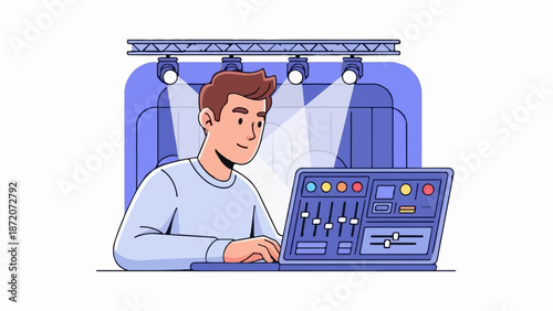 A person works at a sound mixing board with stage lights overhead