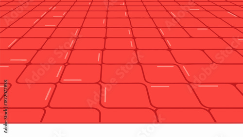 A perspective view of red brick pavement with a deep red hue and light pinkish lines