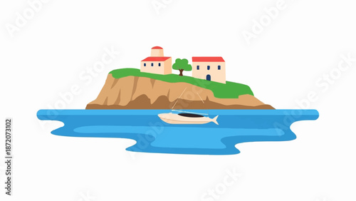 A picturesque island with buildings and a sailboat on calm blue water