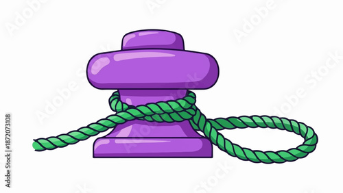 A purple bollard with a green rope tied around it, with part of the rope forming a loop