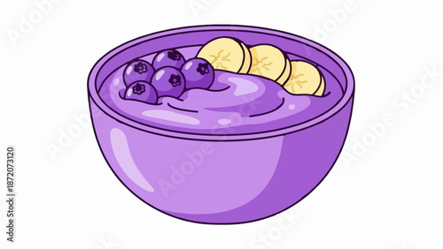 A purple bowl filled with creamy purple mixture, topped with blueberries and banana slices