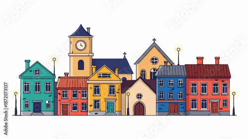 A row of colorful, cartoon-style houses and a church, with streetlights