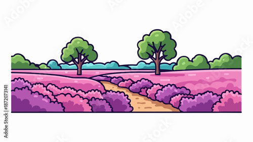 A picturesque landscape features a winding path through vibrant purple and pink flowering bushes, flanked by green trees