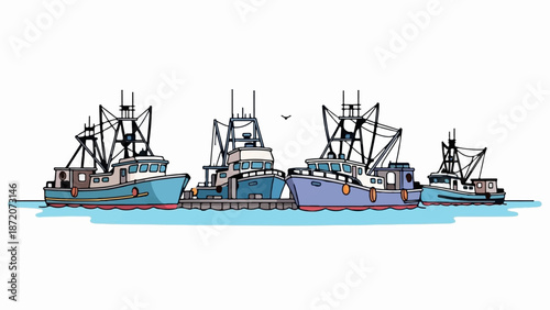 A row of colorful fishing boats docked in blue water under a clear sky