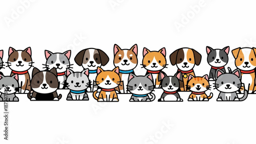 A row of cute cartoon cats and dogs, all looking forward with happy expressions
