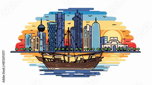 A picturesque stylized city skyline with a traditional boat sailing on water