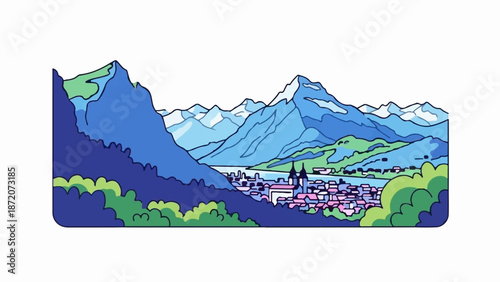 A picturesque village nestled between blue mountains and a vibrant green forest