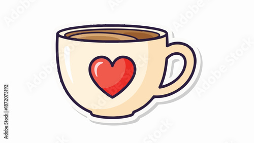 A hand-drawn mug with a red heart, filled with a warm brown liquid
