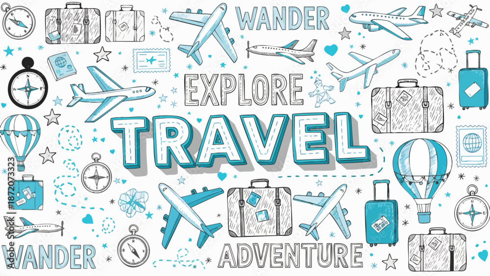 Fototapeta premium Hand-drawn travel concept with various vacation elements like airplanes, suitcases, and exploration doodles on a white background, representing adventure and wanderlust for global journeys